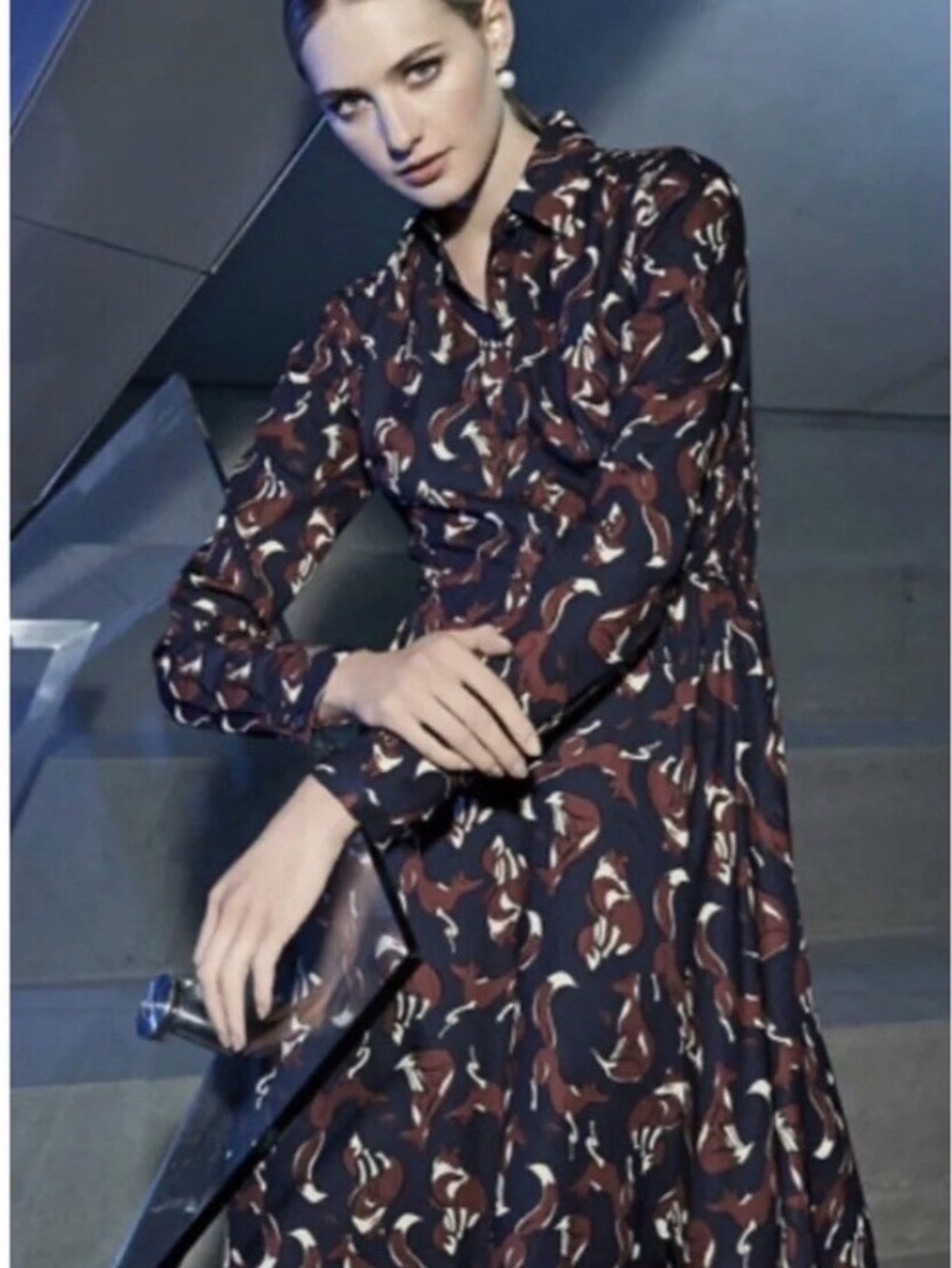 Kate Spade Women's Navy and Brown Printed Long Sleeve Shirt Dress - Foxy